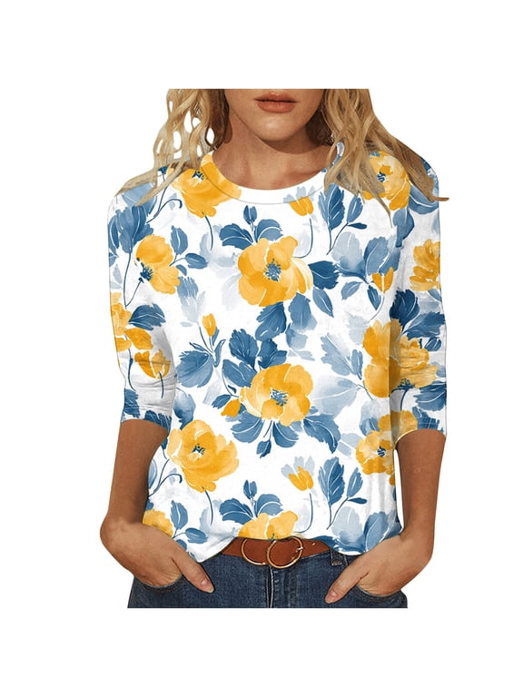 3/4 Length Sleeve Womens Tops Boho Floral Spring T-Shirt Solid Color Summer Tops Trendy Pleated Front Shirts Beach Top Yellow M