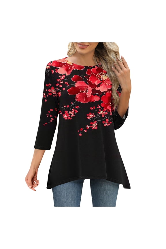 3/4 Sleeve Tunic Tops for Women Dressy Casual Crewneck Floral Printed Loose Blouse Flowy Shirts Black 2XL