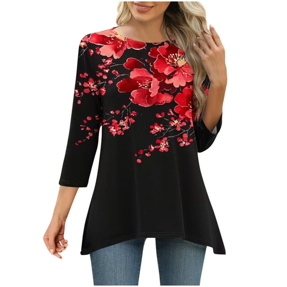 DeHolifer 3/4 Sleeve Tunic Tops for Women Dressy Casual Crewneck Floral Printed Loose Blouse Flowy Shirts Black S