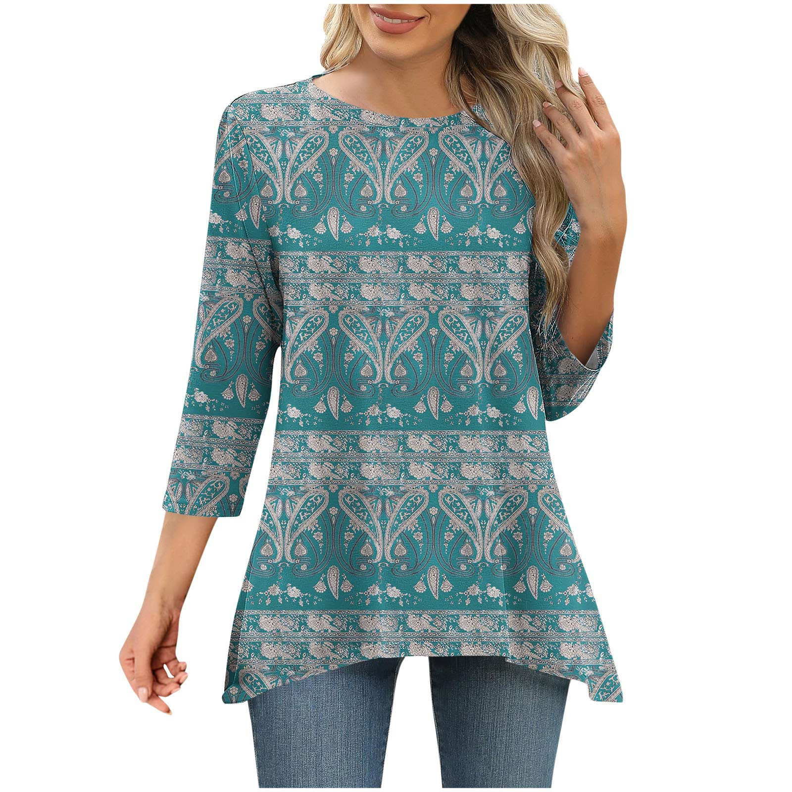 DeHolifer 3 4 Sleeve Tunic Tops For Women Dressy Casual Crewneck Floral DeHolifer 3 4 Sleeve Tunic Tops For Women Dressy Casual Crewneck Floral