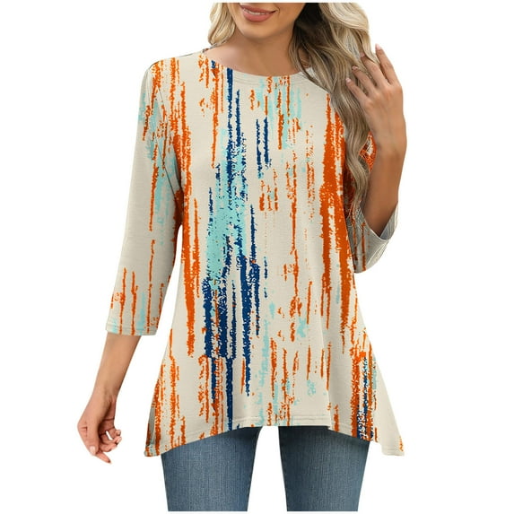 QQAMB 3/4 Sleeve Tunic Tops for Women Dressy Casual Crewneck Floral Printed Loose Blouse Flowy Shirts Yellow L
