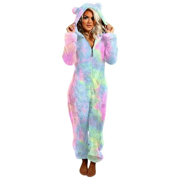 DeHolifer Adult One-Piece with Animal Print Pajamas, Women Pjs with Hooded Zip Up Sleepwear Fleece Loungewear with Pockets Multicolor XXL