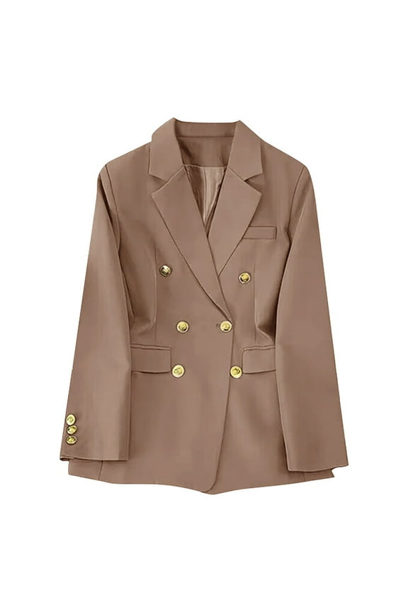 QQAMB Balzers for Women Elegant Double Breasted Work Office Blazer Long Sleeve Coat Jacket Blazers with Pocket Khaki L