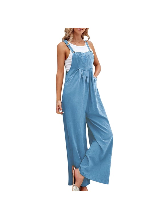 Bib Overalls Women Cotton Loose Summer Wide Leg Pants Jumpsuit Rompers for Women Light Blue 2XL