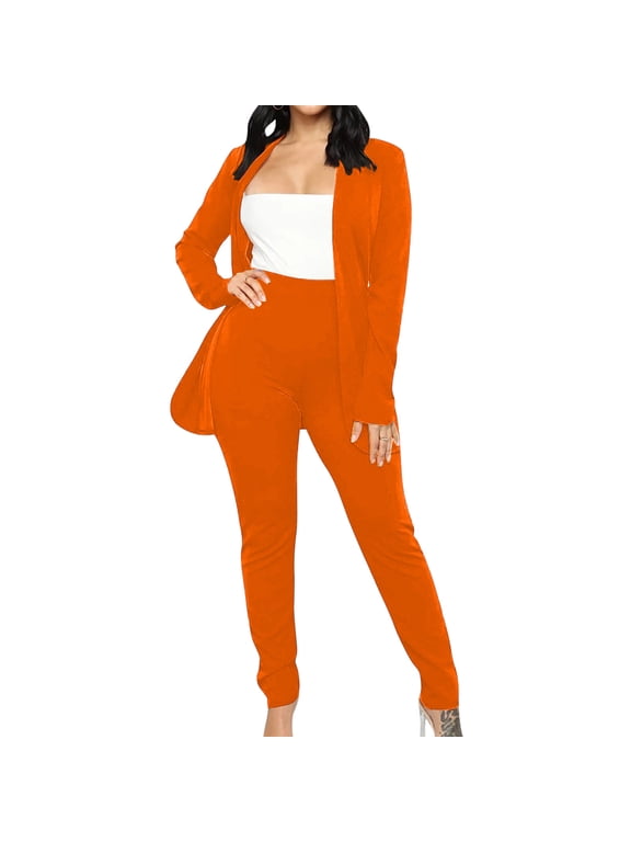 Blazer for Womens Spring Suit Set Dressy Casual Business Work 2 Piece Outfits for Office Open-Front Blazer and Pants Solid Sets Orange XL