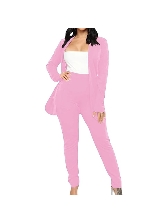 DeHolifer Blazer for Womens Spring Suit Set Dressy Casual Business Work 2 Piece Outfits for Office Open-Front Blazer and Pants Solid Sets Pink 2XL