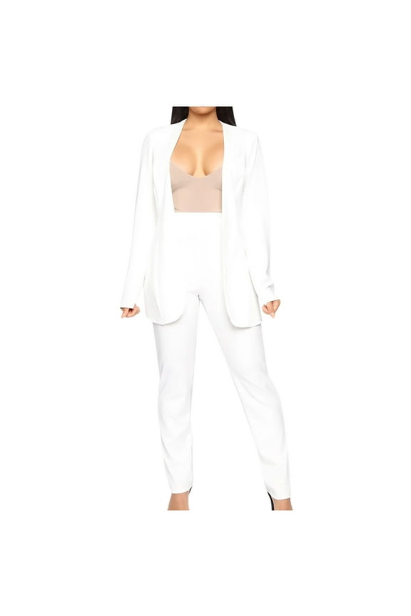 DeHolifer Blazer for Womens Spring Suit Set Dressy Casual Business Work 2 Piece Outfits for Office Open-Front Blazer and Pants Solid Sets White XL