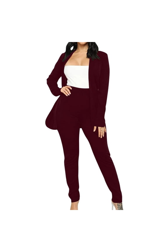 Blazer for Womens Spring Suit Set Dressy Casual Business Work 2 Piece Outfits for Office Open-Front Blazer and Pants Solid Sets Wine L