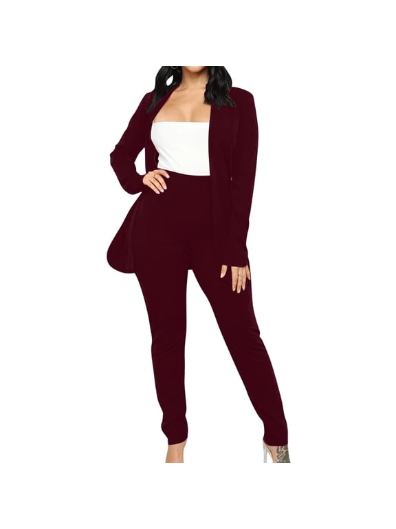 QQAMB Blazer for Womens Spring Suit Set Dressy Casual Business Work 2 Piece Outfits for Office Open-Front Blazer and Pants Solid Sets Wine L