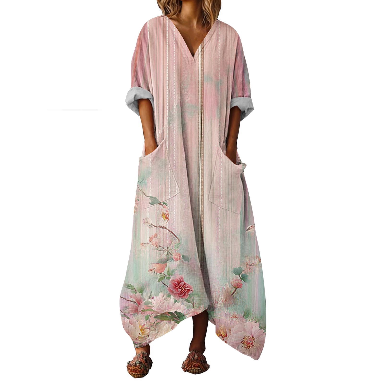 DeHolifer Boho Dresses for Women Flowy Short Sleeve Floral Printed V ...