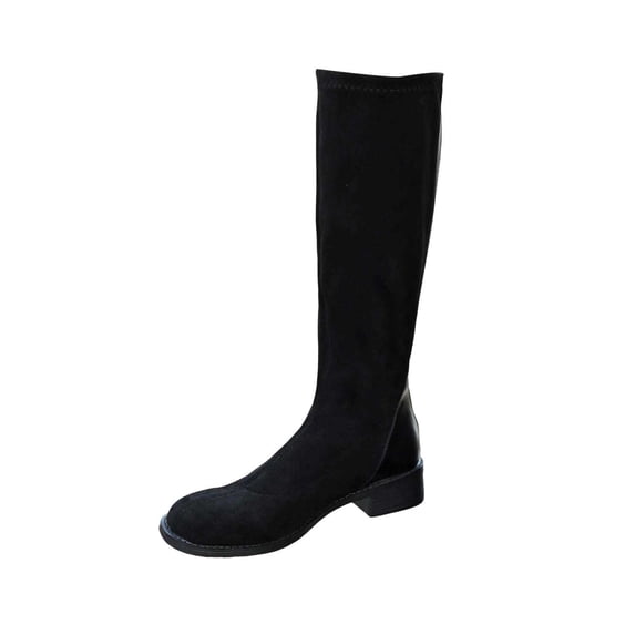 DeHolifer Boots for Women Rounded Toe Flat Stretchy Dress Knee High Boots Side Zipper Suede Elastic Fall Winter Boots Block Heel Riding Boots