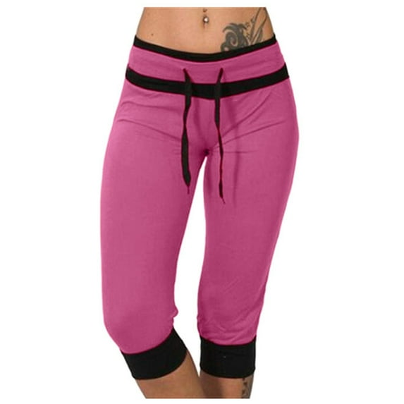 DeHolifer Capri Pants For Women,Sweatpants Women, Women's Summer High Waisted Solid Color Capris Color Matching Slim Fitting Yoga Gym Pants Hot Pink L