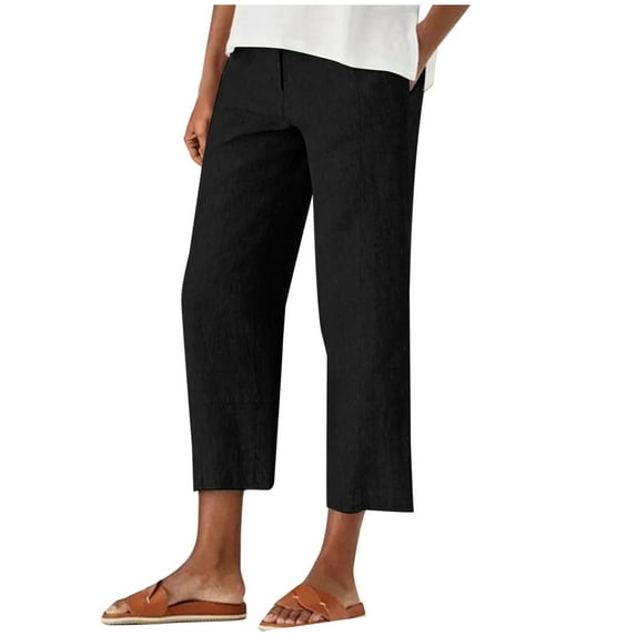 DeHolifer Capris Pants for Women Cotton Linen Summer Trendy Solid Color Straig Leg Loose Capris Pants with Zipper Pocket Black XL