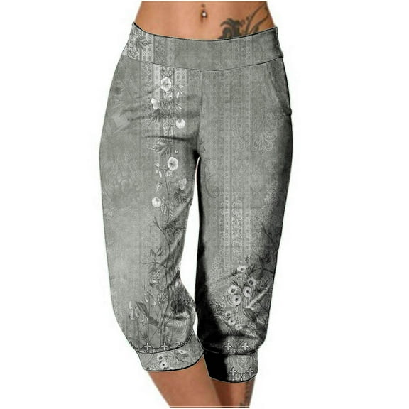 QQAMB Capris Pants for Women Elastic Waist Floral Print Straight Leg Cropped Pants Summer Casual Trousers Gray 2XL