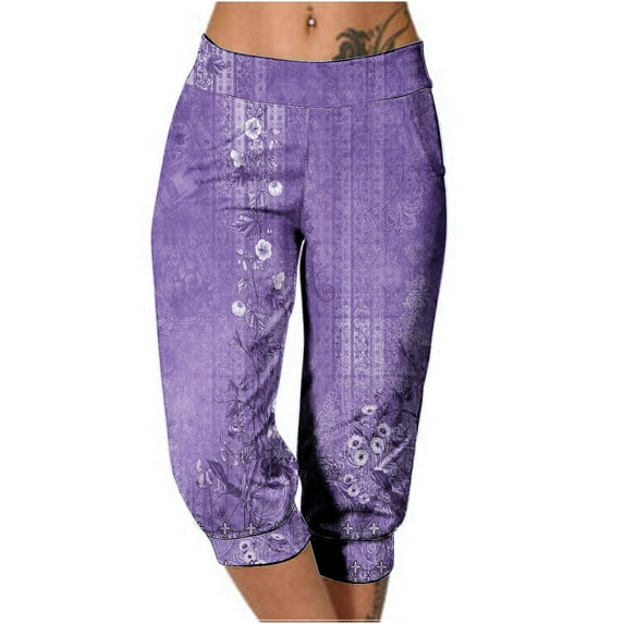 QQAMB Capris Pants for Women Elastic Waist Floral Print Straight Leg Cropped Pants Summer Casual Trousers Purple L