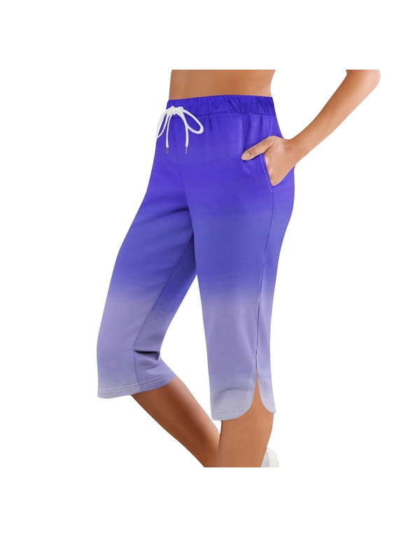 QQAMB Capris Pants for Women Elastic Waist Gradient Color Sports Casual Drawstring Split Cropped Pants with Pocket White L