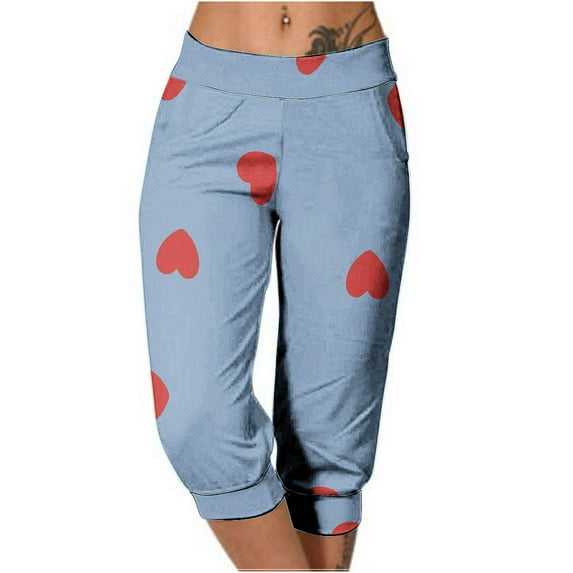 DeHolifer Capris Pants for Women Elastic Waist Heart Print Straight Leg Cropped Pants Summer Casual Trousers Light Blue S