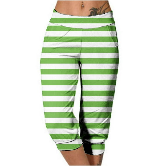 DeHolifer Capris Pants for Women Elastic Waist Strip Print Straight Leg Cropped Pants Summer Casual Trousers Green 3XL