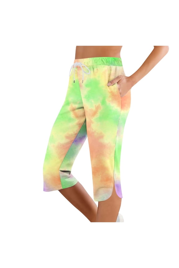 Capris Pants for Women Elastic Waist Tie Dye Sports Casual Drawstring Split Cropped Pants with Pocket Green M