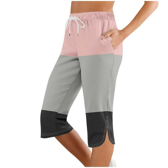 DeHolifer Capris Pants for Women Elastic Waisted Color Block Drawstring Split Sports Casual Capris Pants with Pocket Pink S