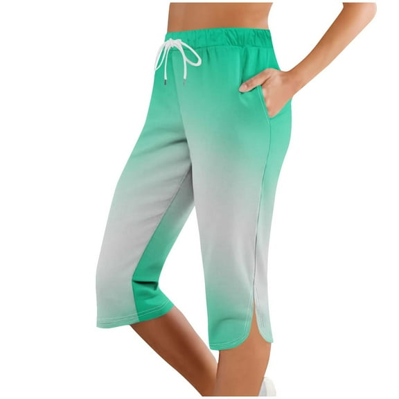 DeHolifer Capris Pants for Women Elastic Waisted Gradient Color Drawstring Split Sports Casual Capris Pants with Pocket Green 2XL