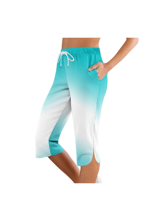 Capris Pants for Women Elastic Waisted Gradient Color Drawstring Split Sports Casual Capris Pants with Pocket Light Blue M
