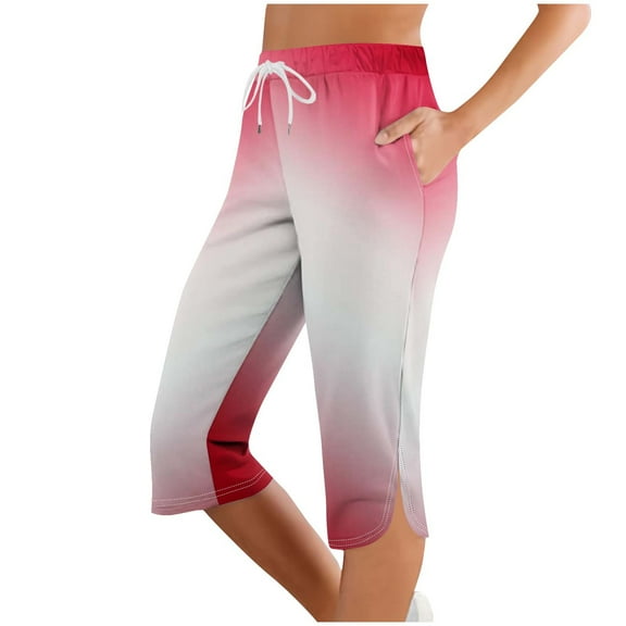 DeHolifer Capris Pants for Women Elastic Waisted Gradient Color Drawstring Split Sports Casual Capris Pants with Pocket Red 2XL