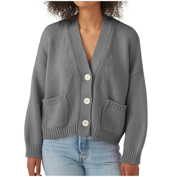 DeHolifer Cardigan for Women Cropped Long Sleeve V Neck Button Knit Sweater Cardigan Loose Casual Fashion Coat Gray 2XL