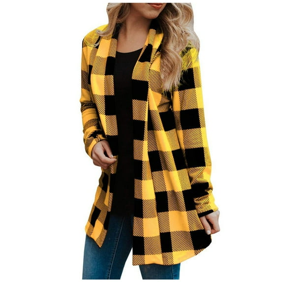 DeHolifer Cardigan for Women Long Sleeve Lapel Button Down Plaid Shackets Jackets with Pocket Fall Winter Casual Coat Jacket Yellow 2XL
