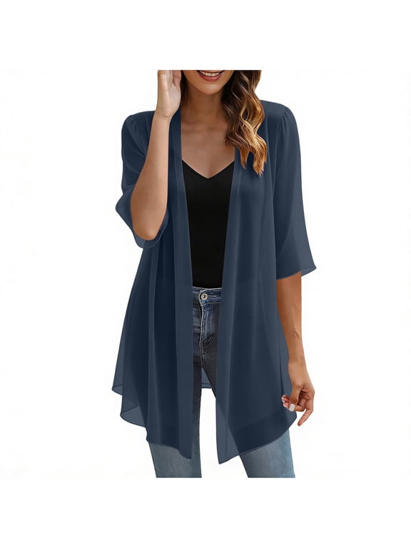 Cardigans for Women Half Sleeve Light See Through Dusters Casual Loose Kimono Cardigan Capes Navy L