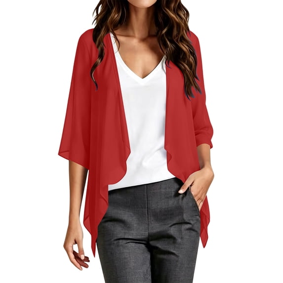 DeHolifer Cardigans for Women Summer Kimono 3/4 Sleeve Chiffon Cardigan Loose Puff Sleeve Cover up for Dress Red L