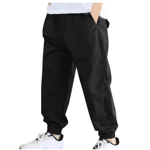 QQAMB Cargo Pants for Boys Elastic Waisted Baggy Solid Color Loose Sports Casual Trousers with Multi Pockets,10 Years
