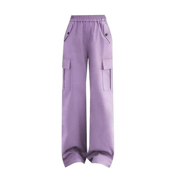 QQAMB Cargo Pants for Girls Elastic Waisted Baggy Solid Color Loose Sports Casual Trousers with Multi Pockets,10 Years