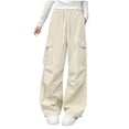 thumbnail image 1 of DeHolifer Cargo Pants for Girls Elastic Waisted Solid Color Wide Leg Sports Trousers with Pocket Beige 7 Years, 1 of 5
