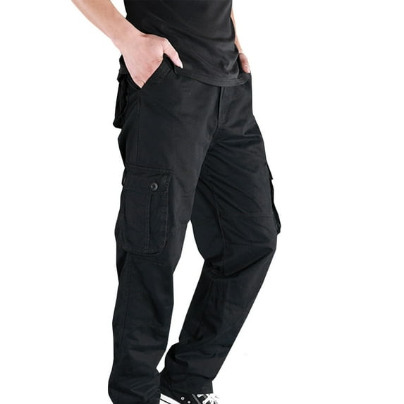 DeHolifer Cargo Pants for Men Solid Casual Multiple Pockets Outdoor Straight Type Fitness Long Pants Cargo Pants Trousers Black 6XL