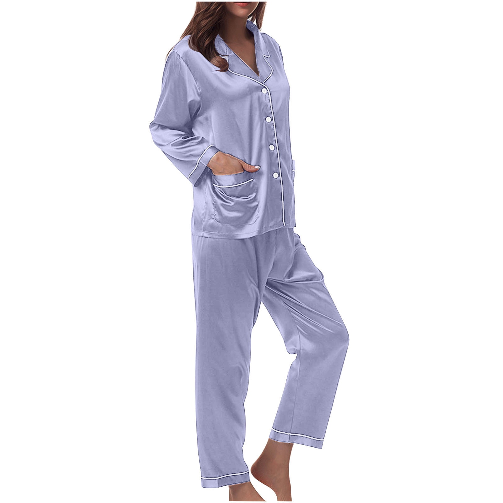 KCW Women's Satin Silk Pajama Set - Short Sleeve Button-Down Pjs With Pockets, Mist Blue (XX-Large)