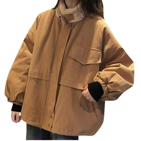 DeHolifer Coats for Women Long Sleeve Plus Size Zip up Lapel Solid Color Coat Jackets Loose Casual Fashion Outwear Khaki M