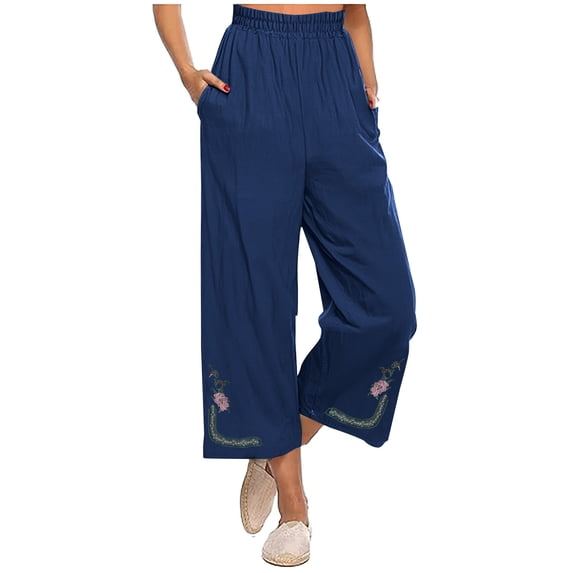 DeHolifer Cotton Linen Crop Pants for Women Elastic Waist Floral Embroidered Cropped Trousers Wide Leg Pants with Pockets Blue M