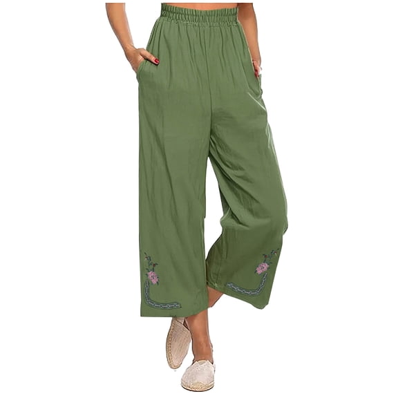 DeHolifer Cotton Linen Crop Pants for Women Elastic Waist Floral Embroidered Cropped Trousers Wide Leg Pants with Pockets Green M