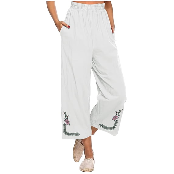 DeHolifer Cotton Linen Crop Pants for Women Elastic Waist Floral Embroidered Cropped Trousers Wide Leg Pants with Pockets White M