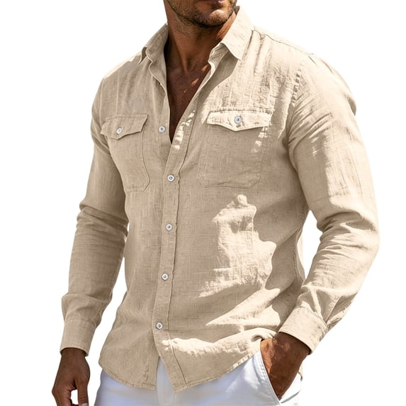 DeHolifer Cotton Linen Shirts for Men Button Up Shirts Long Sleeve Casual Work Shirt Lightweight Comfy Tops with Pockets Khaki 3XL