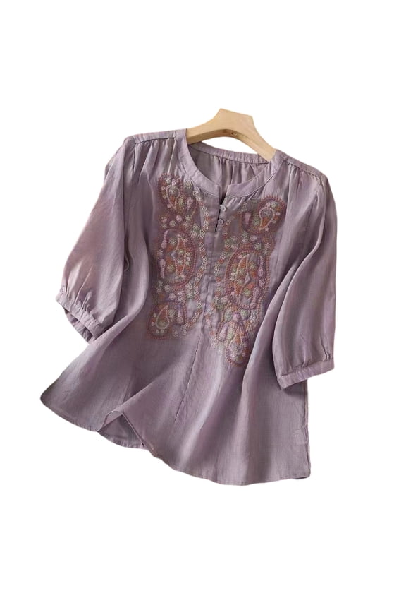 Cotton Linen Shirts for Women Summer Boho Retro Embroidered Tops 3/4 Sleeve Dressy Casual Blouses Loose Tunics Purple M