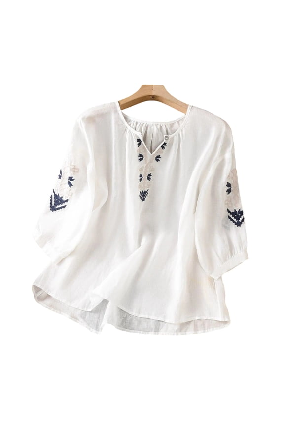 Cotton Linen Shirts for Women Summer Boho Retro Embroidered Tops 3/4 Sleeve Dressy Casual Blouses Loose Tunics White XL