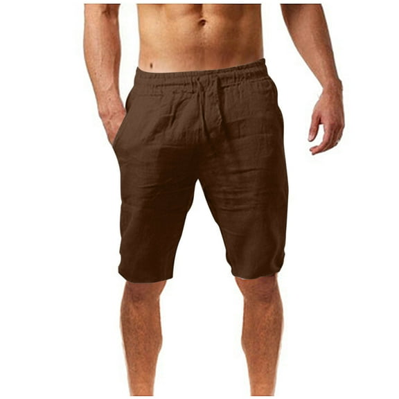 DeHolifer Cotton Linen Shorts for Men Summer Trendy Elastic Waisted Solid Color Loose Comfy Shorts with Pocket Brown L