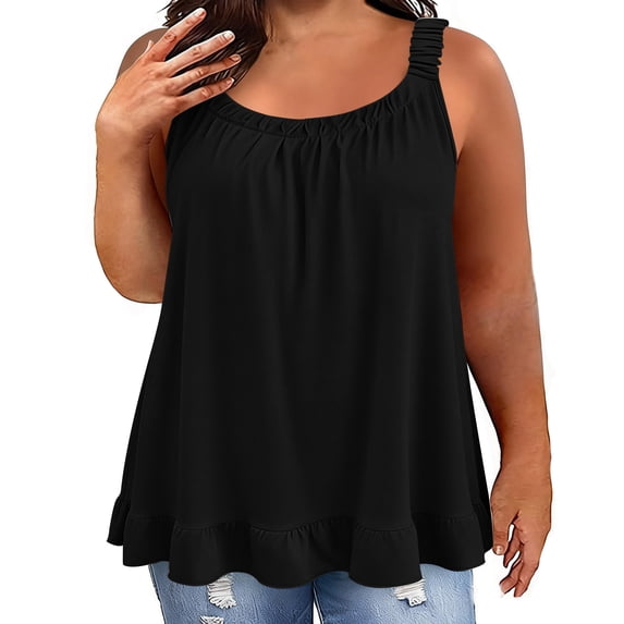 DeHolifer Cotton Linen Tank Tops for Women Elastic Strap Sleeveless Tanks Ruffled Plus Size Tops Summer Loose Shirts Black 4XL