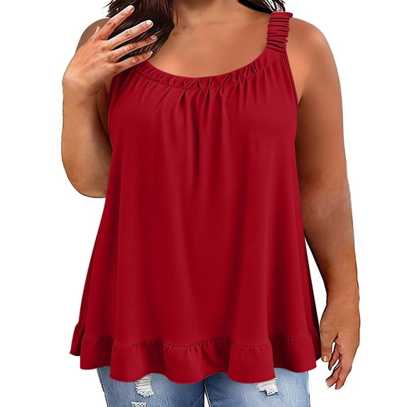 DeHolifer Cotton Linen Tank Tops for Women Elastic Strap Sleeveless Tanks Ruffled Plus Size Tops Summer Loose Shirts Red 5XL