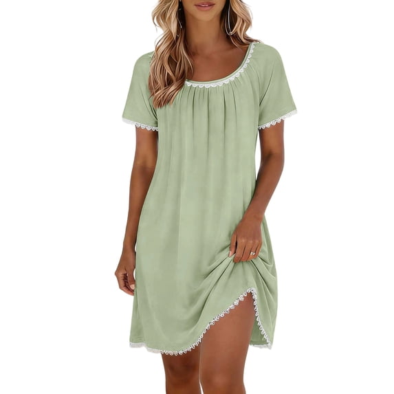 DeHolifer Cotton Nightgowns for Women Lace Sleep Shirts Short Sleeve Night Shirts Sleep Dress with Pockets Mint Green S