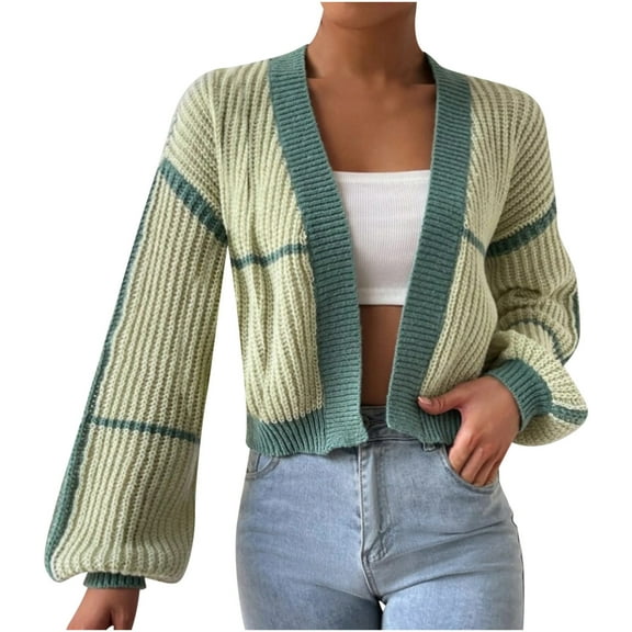 DeHolifer Cropped Cardigan Sweaters for Women Long Sleeve Crochet Knit Shrug Open Front V-Neck Button up Tops Green L