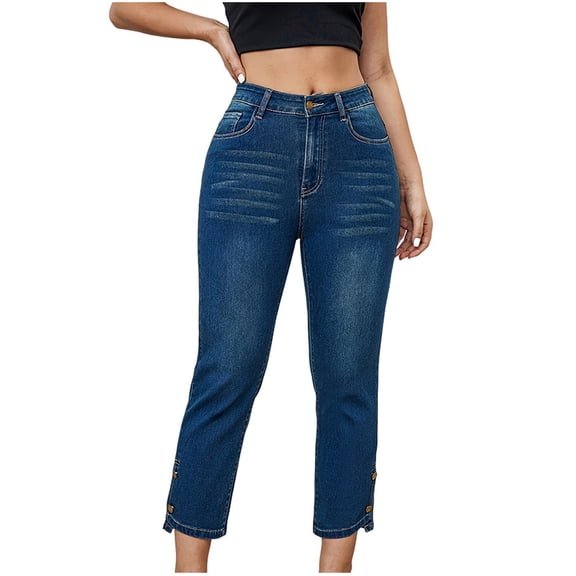 QQAMB Deinm Pants for Women High Waist Elastic Waist Solid Color Trendy Pants Loose Straight Leg Trousers Dark Blue L