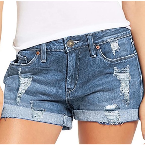 QQAMB Deinm Shorts for Women Mid Rise Hollow Out Ripped Stretchy Button Zipper Summer Hot Shorts Jean with Pocket Blue 2XL